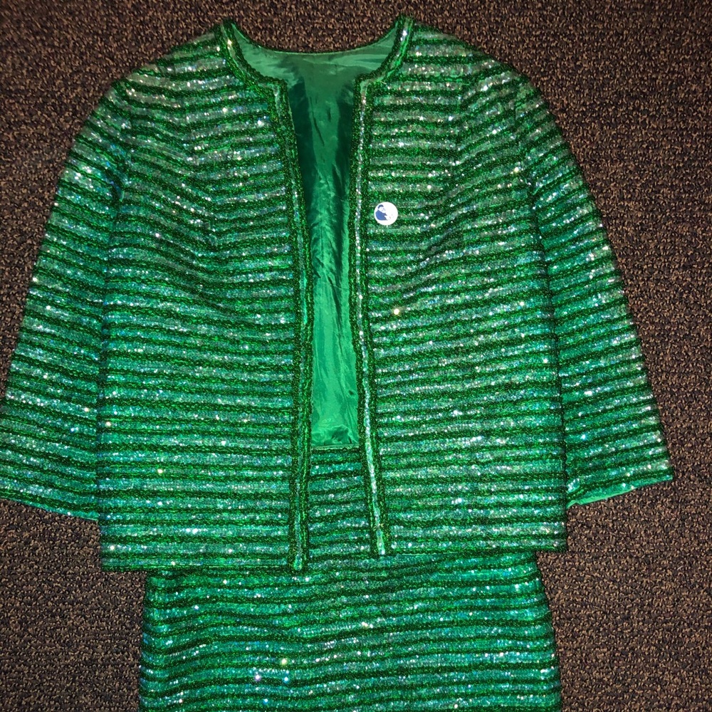 Emerald Beaded/Sequin Jacket + Skirt Set